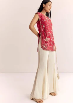 Red Viscose Raw Silk Short Kurta Set With Chinon Kali Palazzo