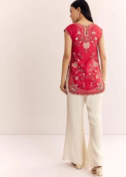 Red Viscose Raw Silk Short Kurta Set With Chinon Kali Palazzo