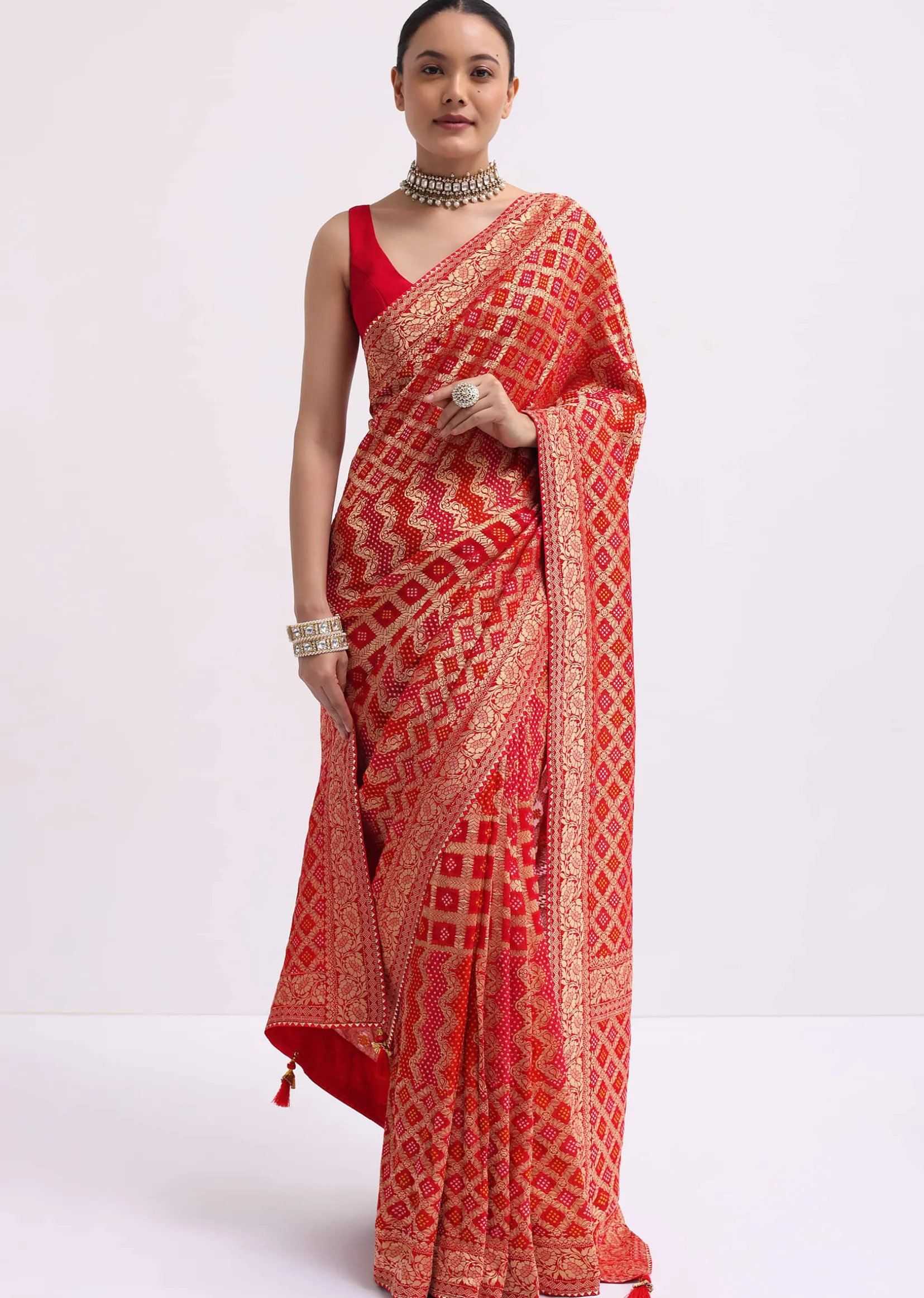 Red Woven Georgette Saree With Unstitched Blouse