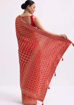 Red Woven Georgette Saree With Unstitched Blouse