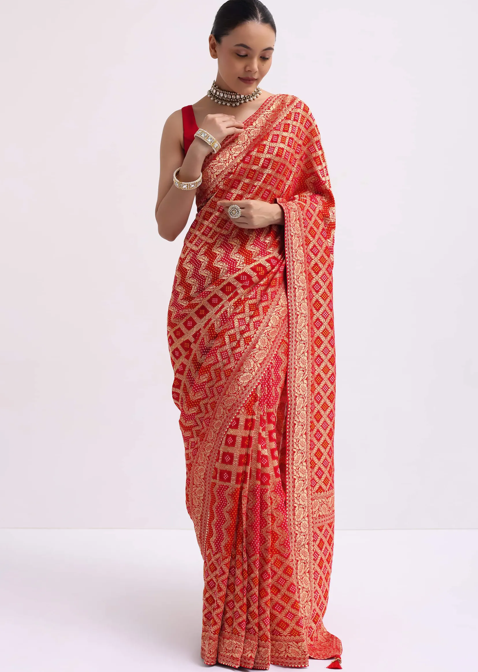 Red Woven Georgette Saree With Unstitched Blouse