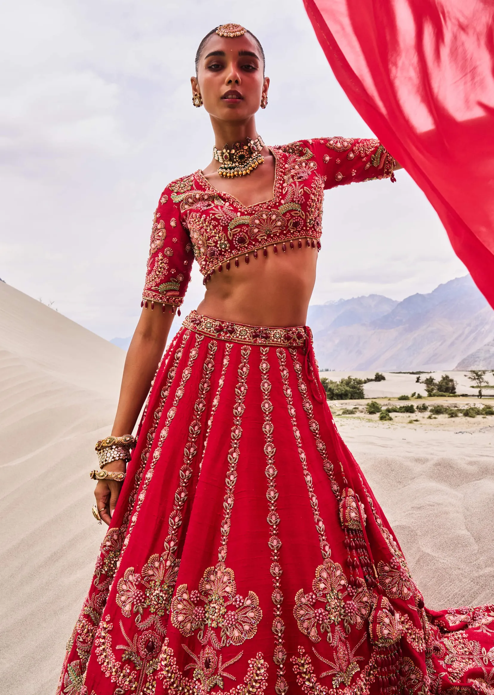 Red Zardosi Embroidered Lehenga Set With Two Dupattas
