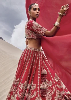 Red Zardosi Embroidered Lehenga Set With Two Dupattas