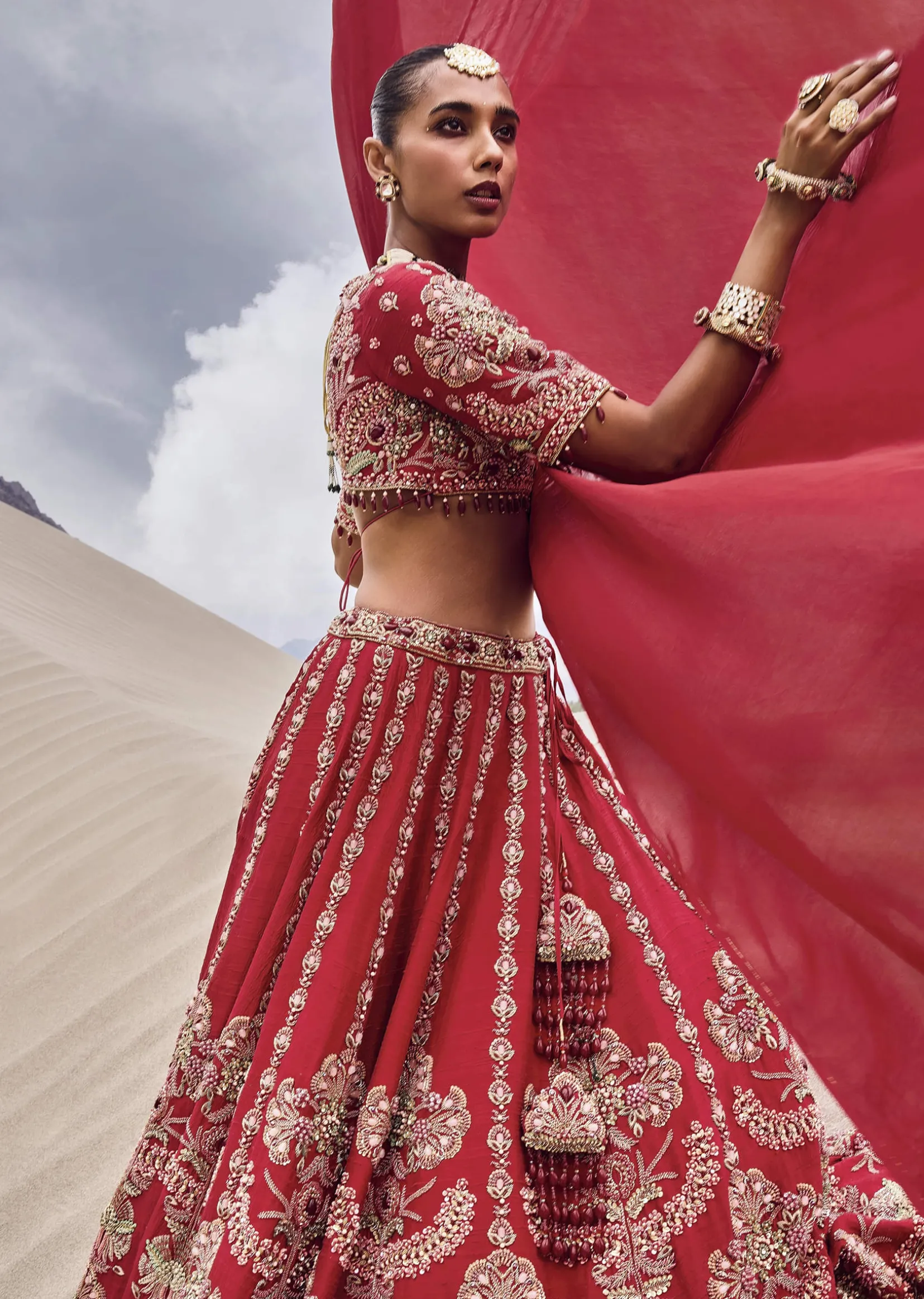 Red Zardosi Embroidered Lehenga Set With Two Dupattas