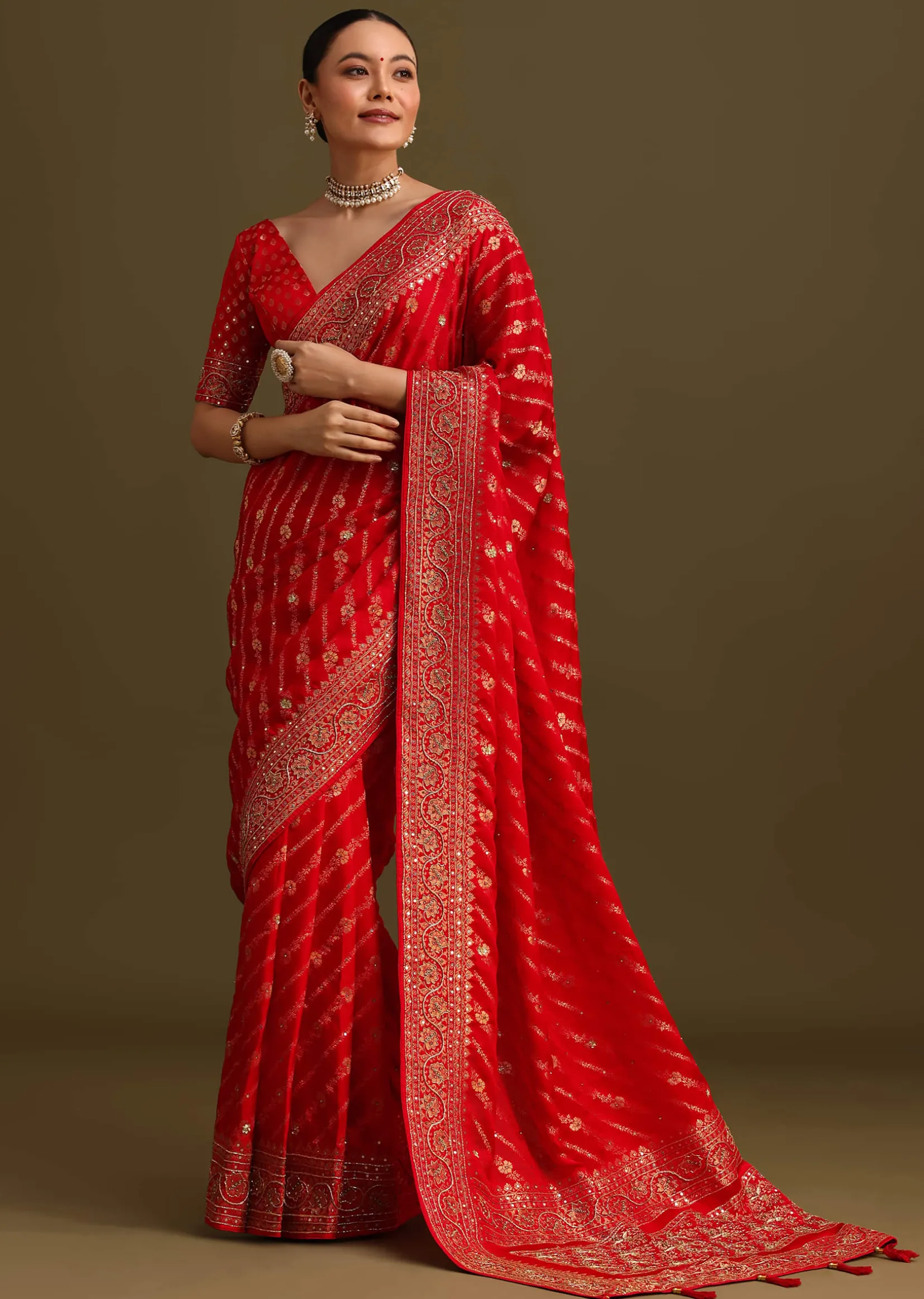 Red Zardosi Embroidered Saree With Unstitched Blouse