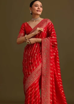 Red Zardosi Embroidered Saree With Unstitched Blouse