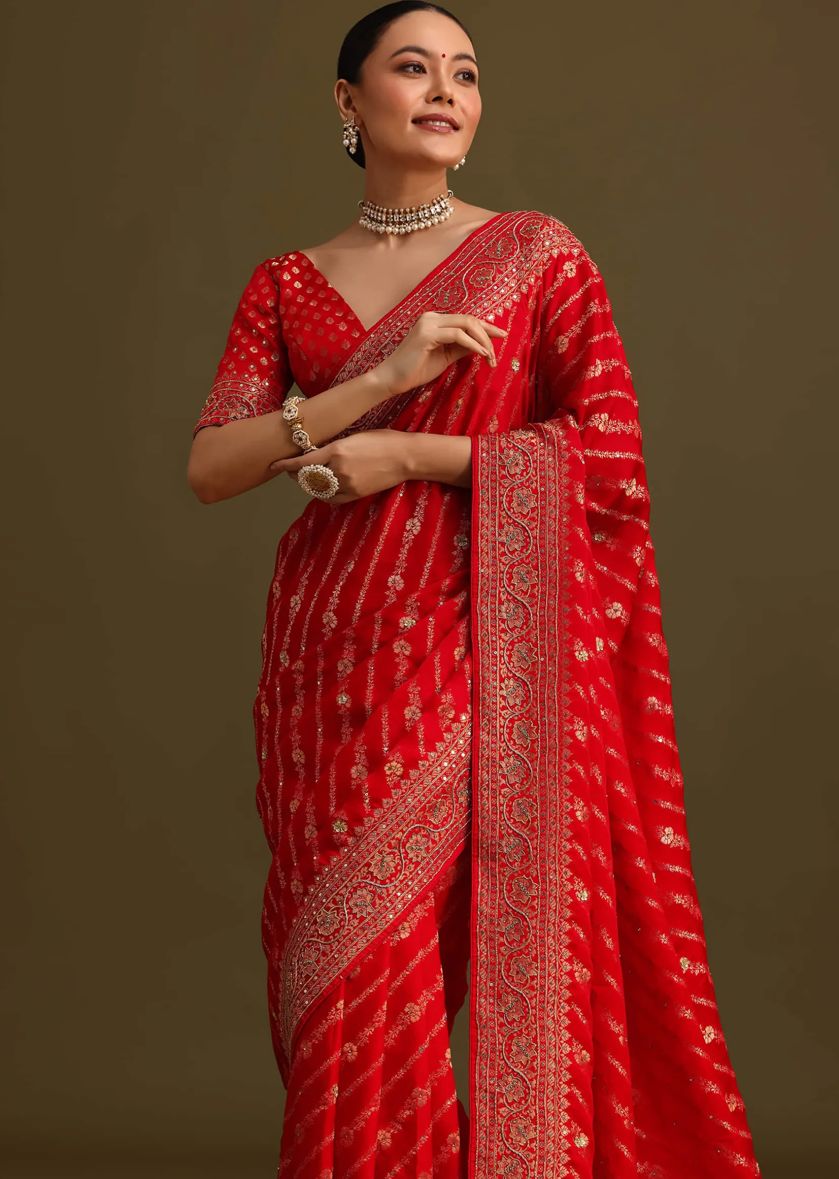 Red Zardosi Embroidered Saree With Unstitched Blouse