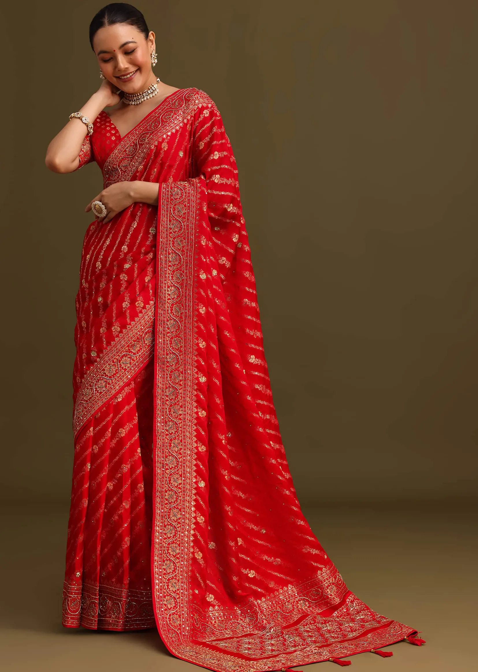 Red Zardosi Embroidered Saree With Unstitched Blouse