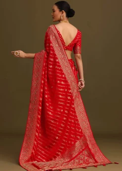 Red Zardosi Embroidered Saree With Unstitched Blouse