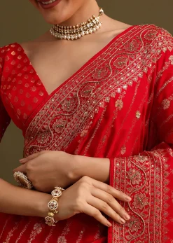 Red Zardosi Embroidered Saree With Unstitched Blouse