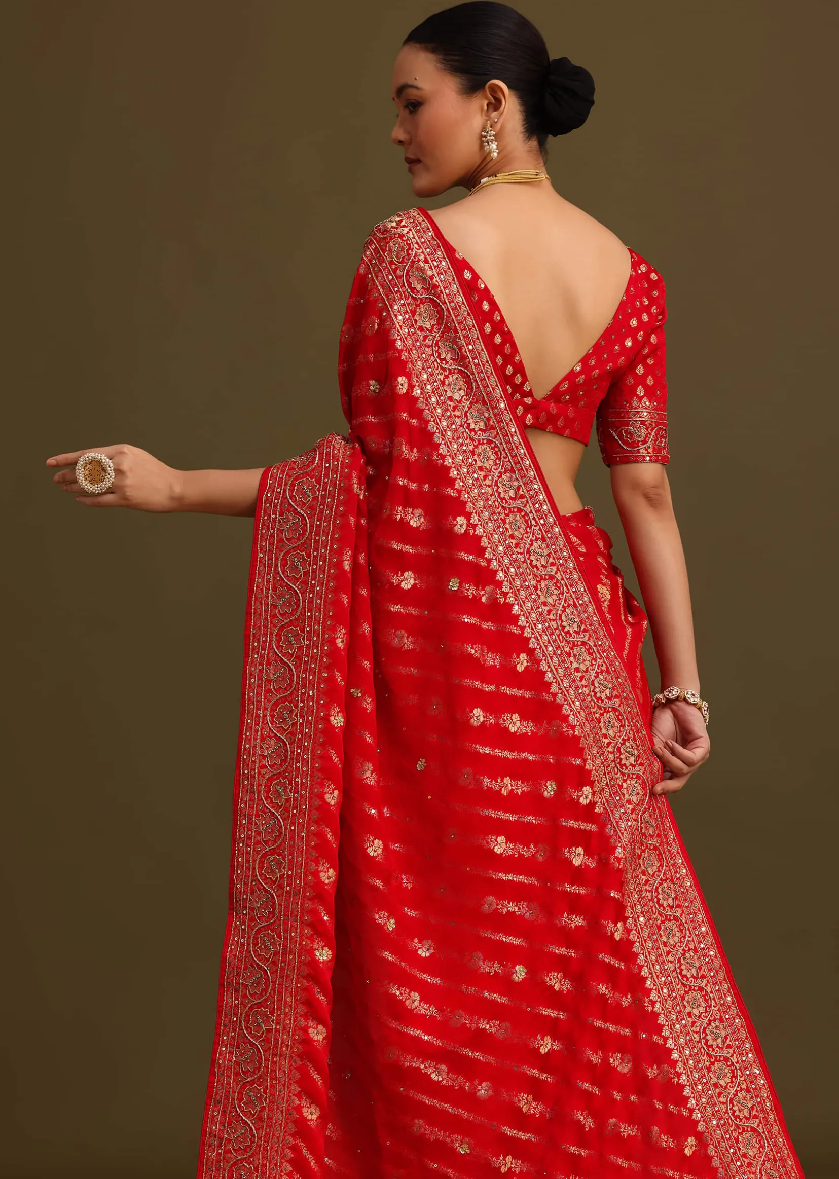 Red Zardosi Embroidered Saree With Unstitched Blouse