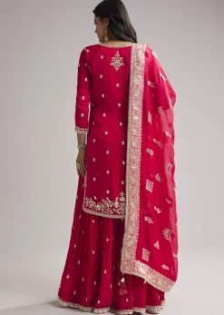 Red Zari Palazzo Suit Set With Dupatta