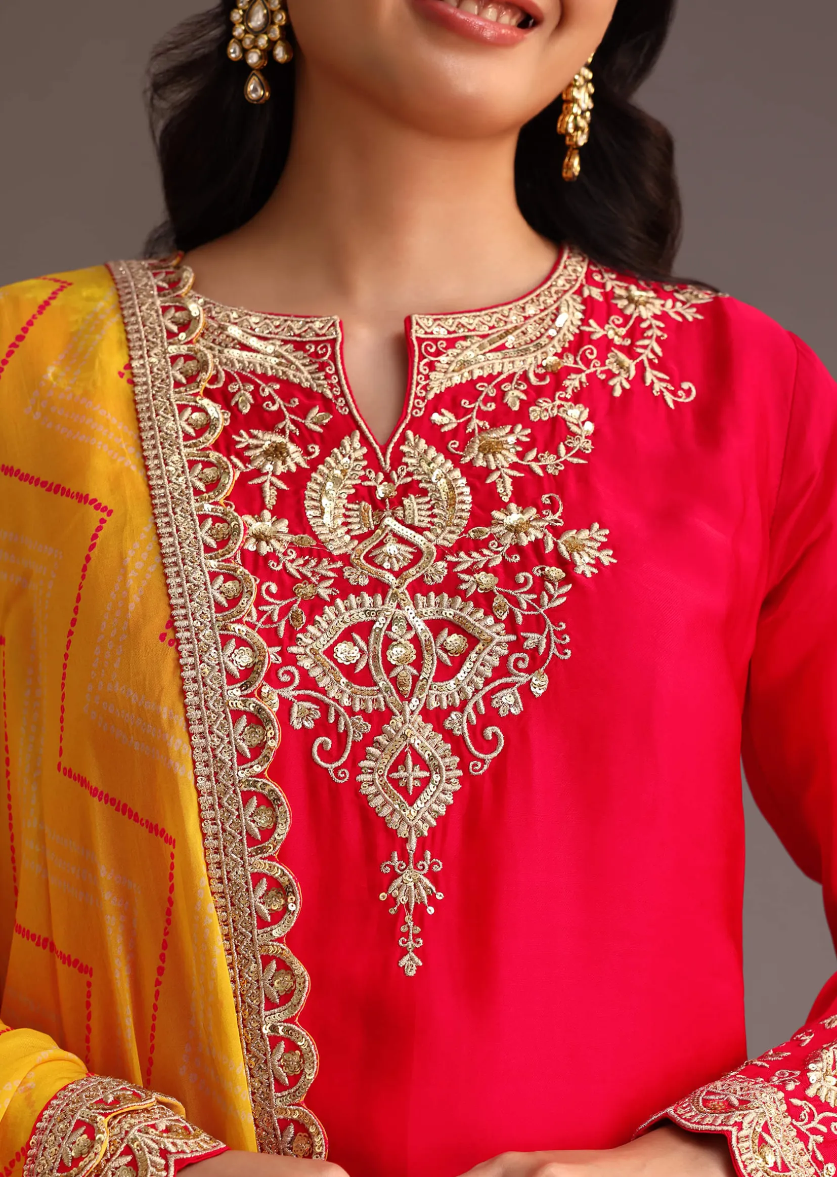Red Zari Work Kurta Palazzo Suit With Organza Dupatta