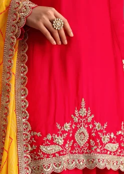 Red Zari Work Kurta Palazzo Suit With Organza Dupatta
