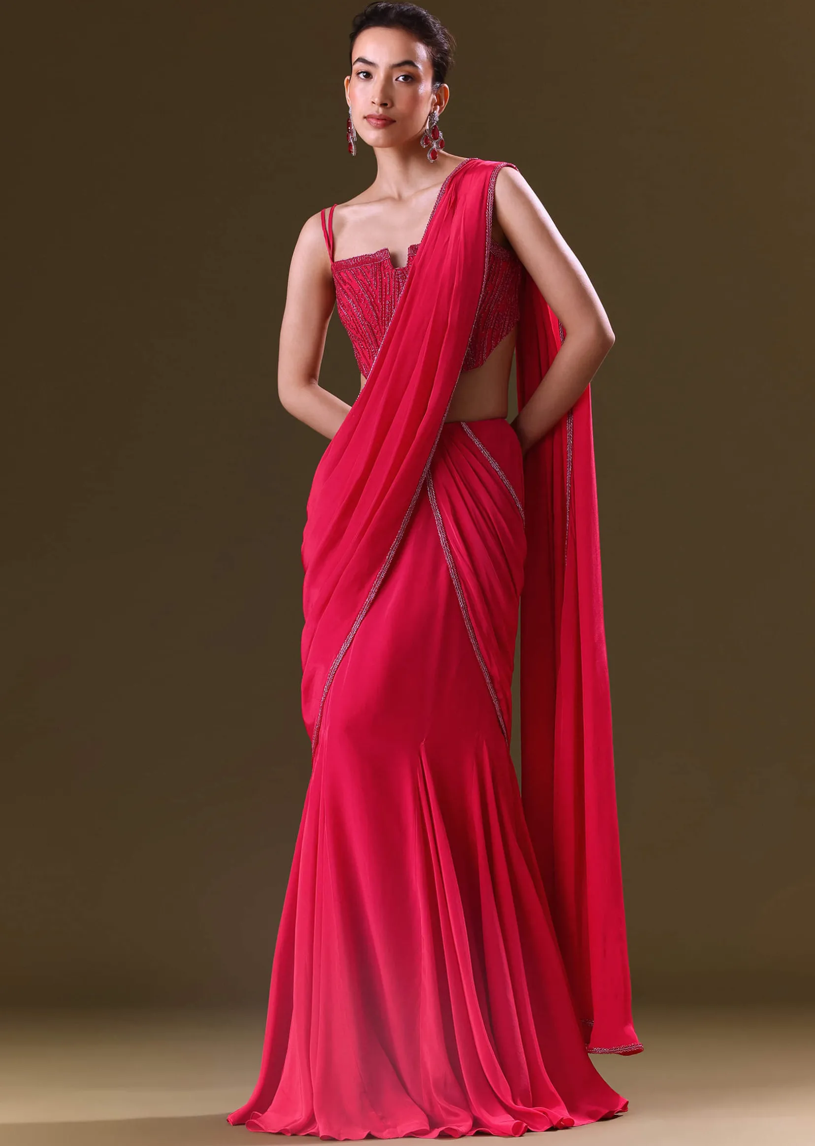 Reddish Pink Pre Stitched Draped Saree With Corset Fit Embroidered Blouse