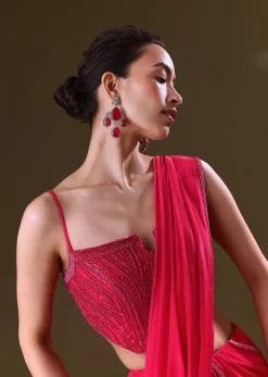 Reddish Pink Pre Stitched Draped Saree With Corset Fit Embroidered Blouse