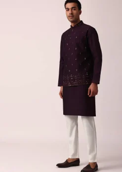 Regal Purple Cotton Silk Embroidered Jacket Kurta Set