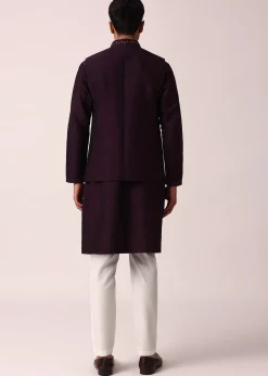 Regal Purple Cotton Silk Embroidered Jacket Kurta Set