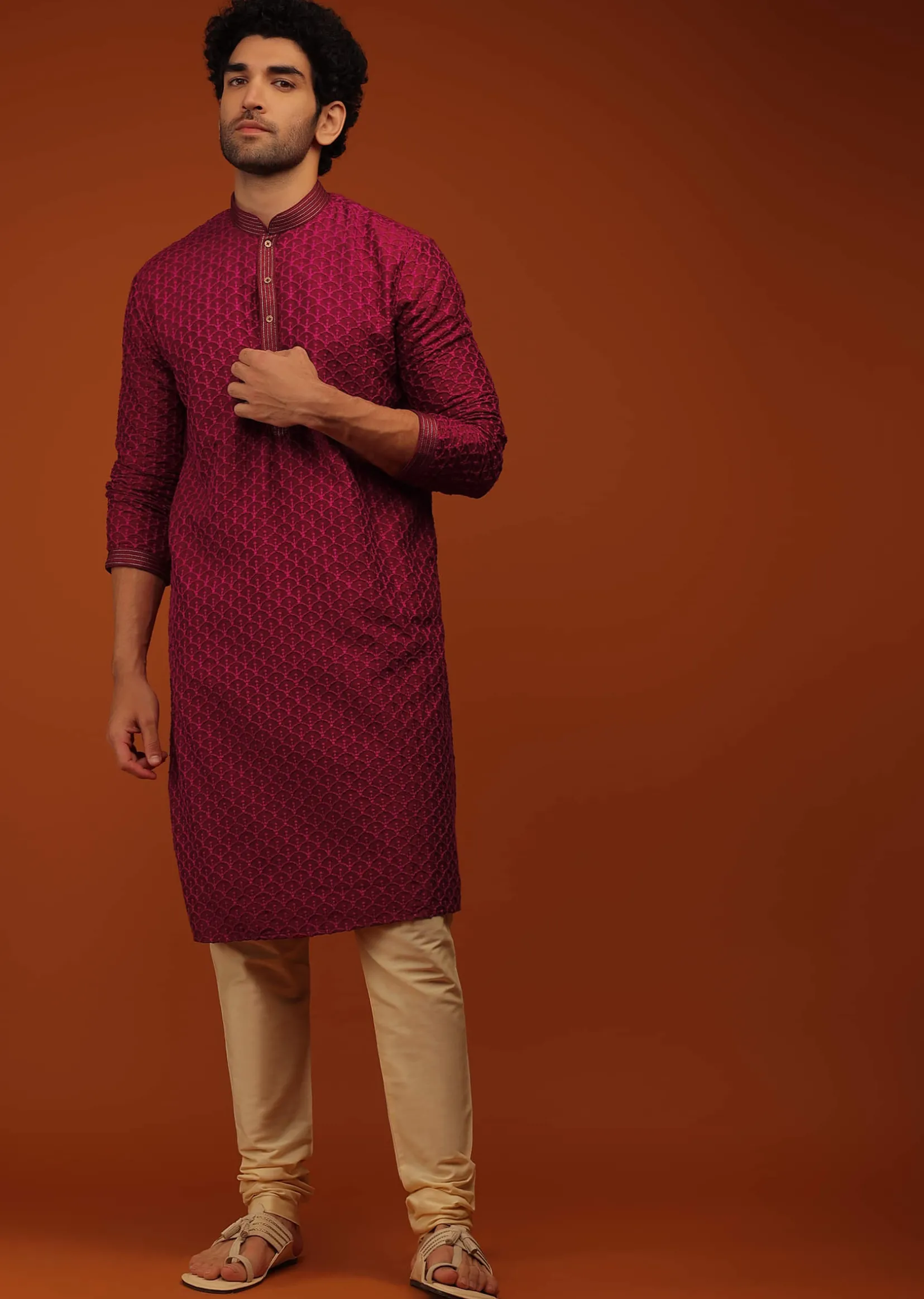 Rio Red Kurta Set In Lucknowi Embroidery