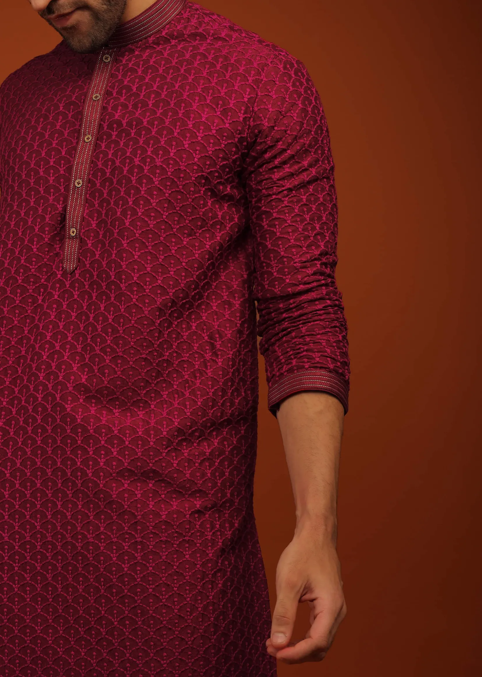 Rio Red Kurta Set In Lucknowi Embroidery
