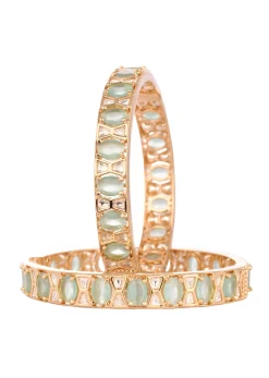 Rose Gold And Mint Green Polki Bangles In Mix Metal