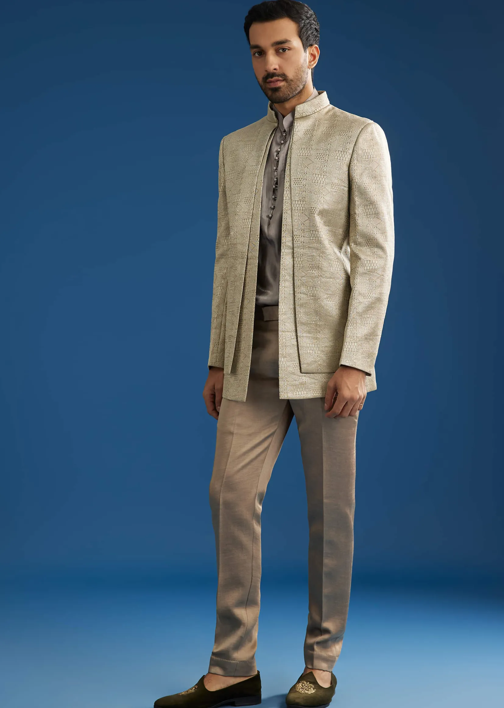 Rose Gold Banarasi Silk Jacket Kurta Set
