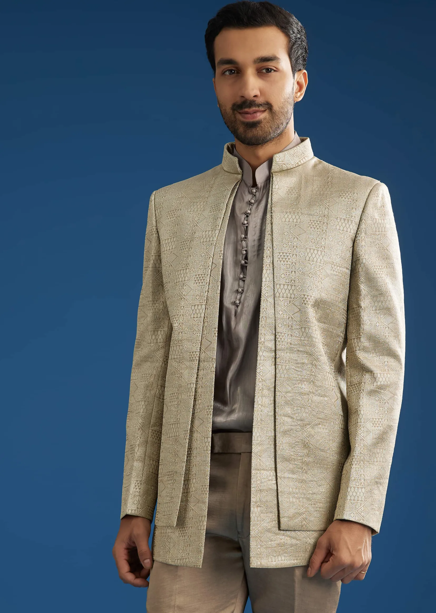 Rose Gold Banarasi Silk Jacket Kurta Set