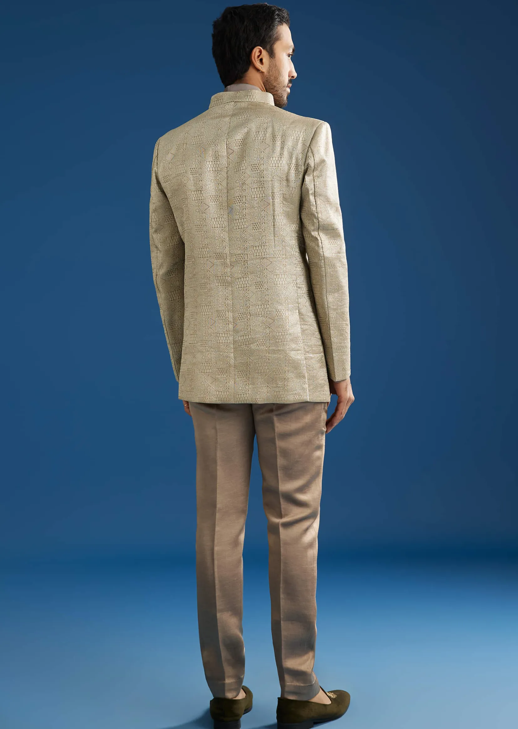 Rose Gold Banarasi Silk Jacket Kurta Set