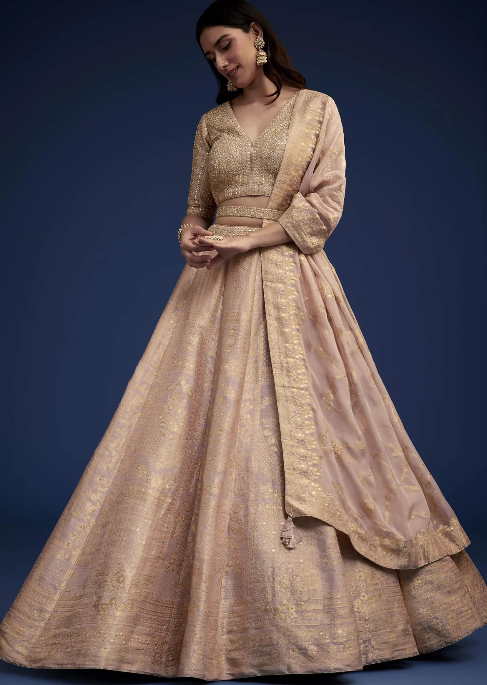 Rose Gold Brocade Lehenga Set With Belt