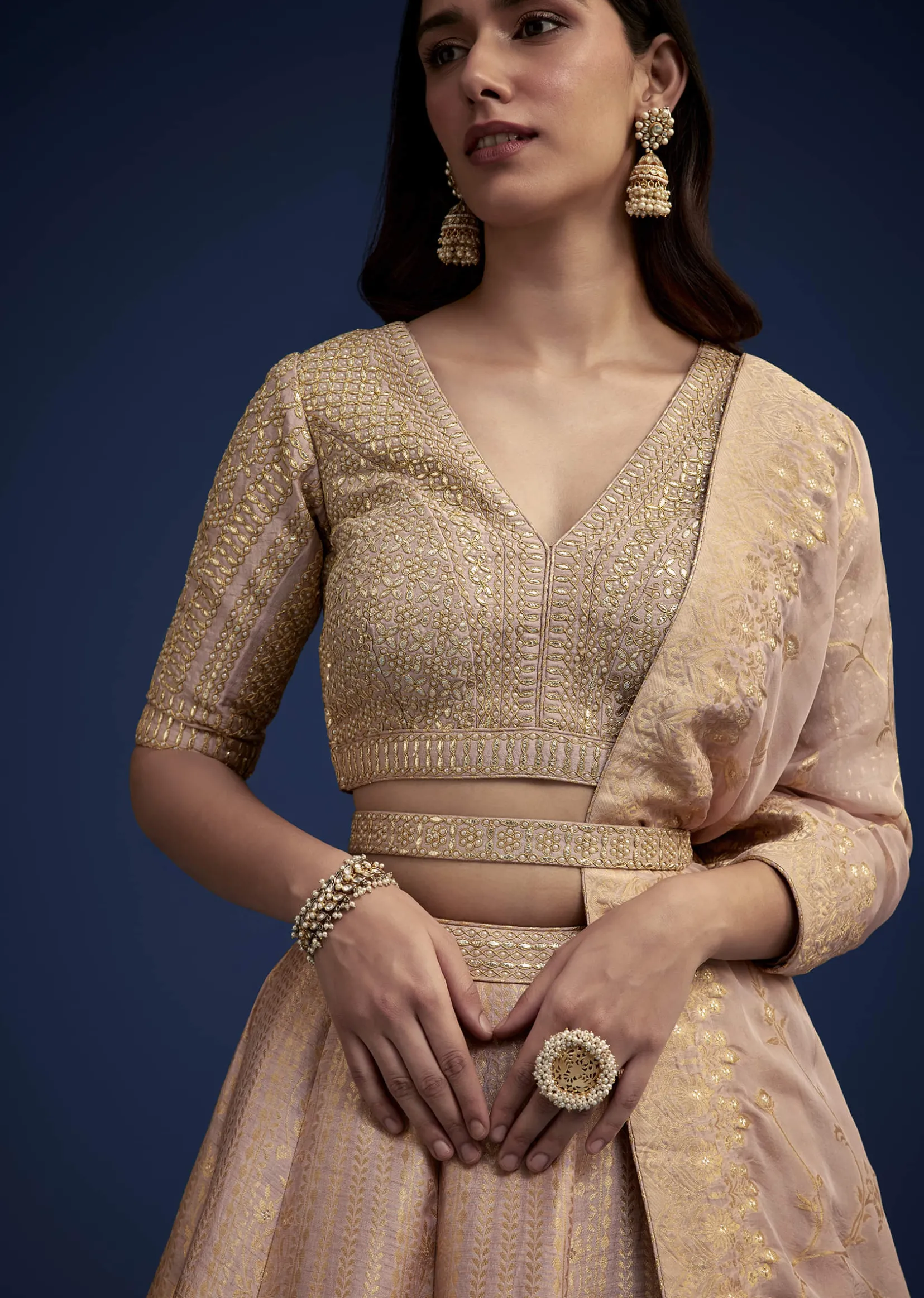 Rose Gold Brocade Lehenga Set With Belt