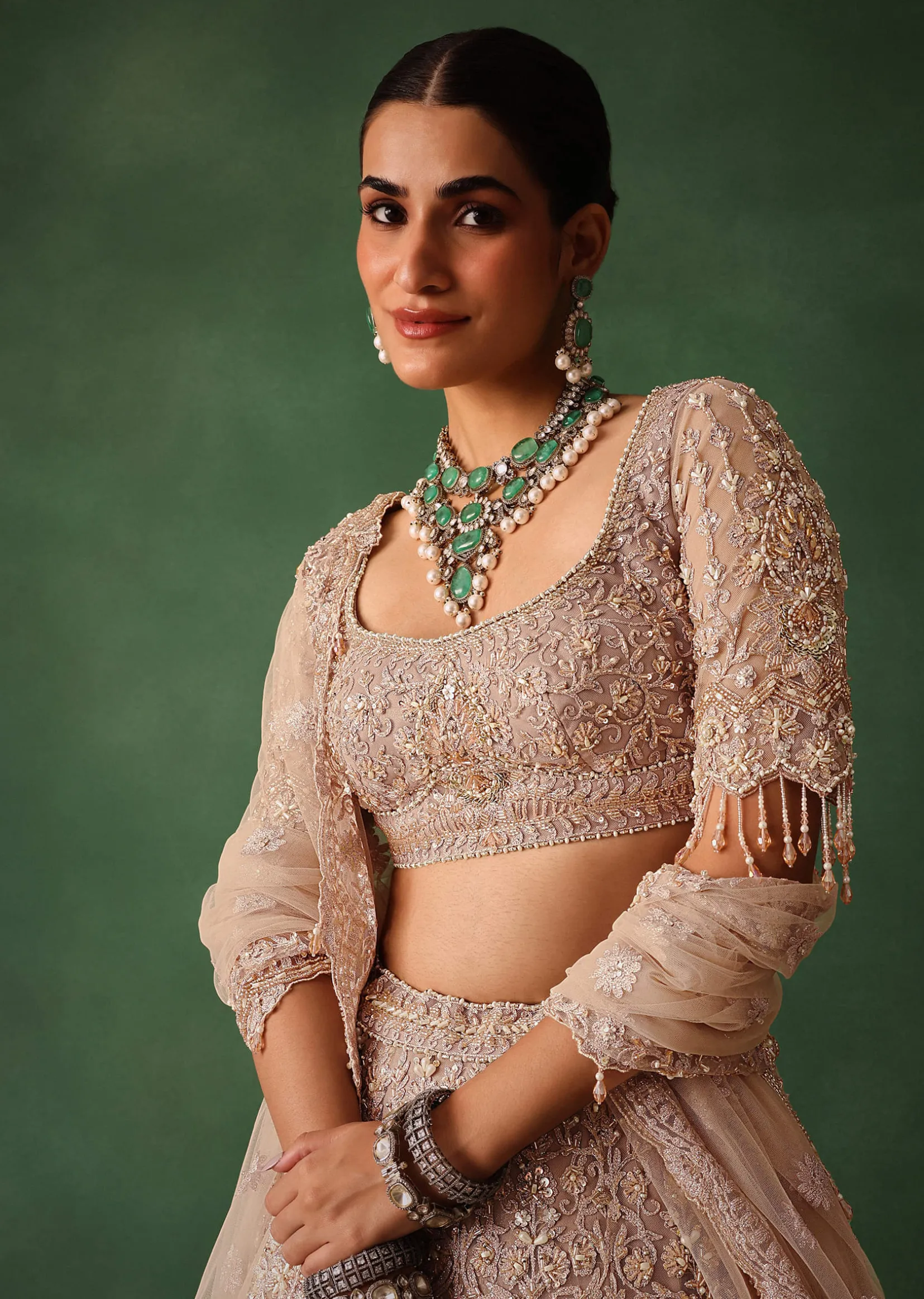 Rose Gold Hand Embroidered Lehenga Set With Dupatta