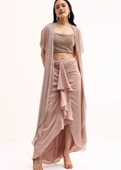Rose Gold Stone Embroidered Silk Crop Top Set With Jacket