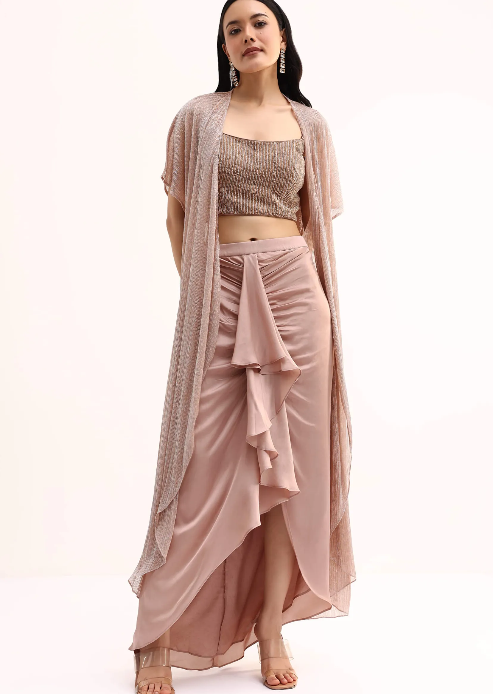 Rose Gold Stone Embroidered Silk Crop Top Set With Jacket