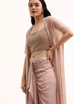 Rose Gold Stone Embroidered Silk Crop Top Set With Jacket