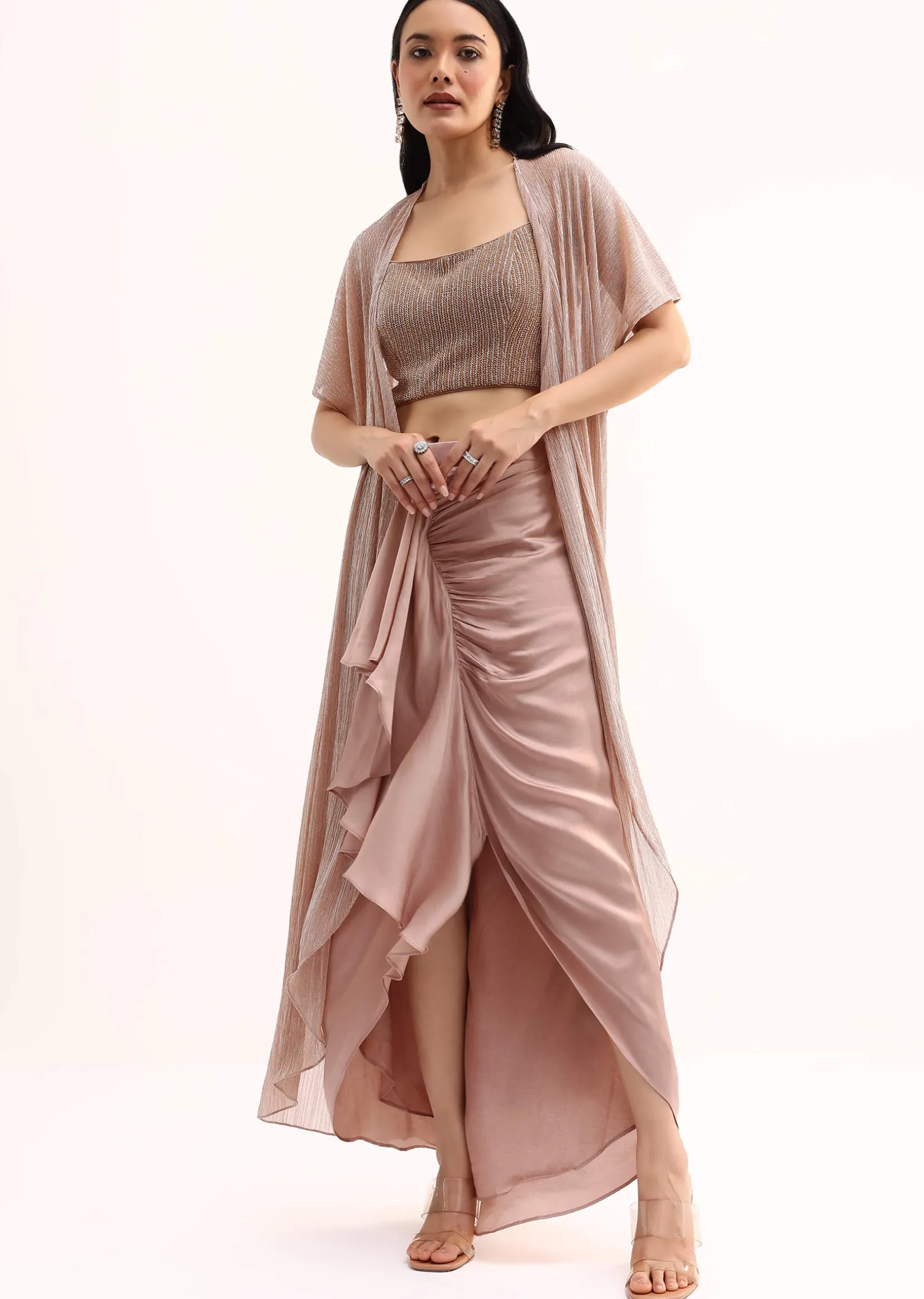 Rose Gold Stone Embroidered Silk Crop Top Set With Jacket