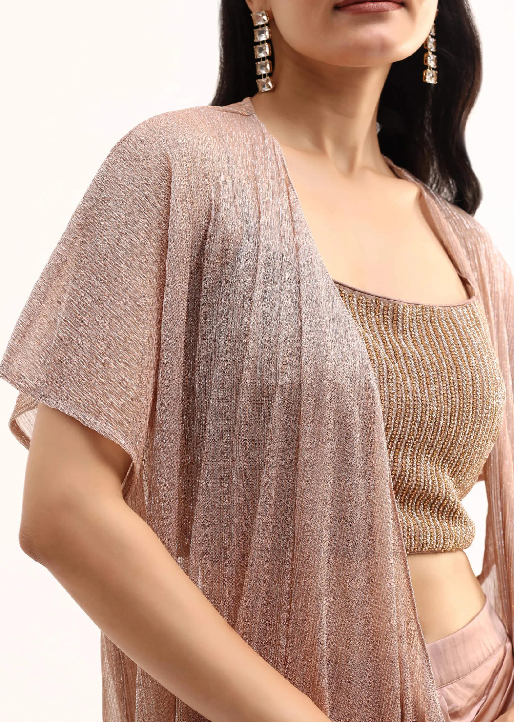 Rose Gold Stone Embroidered Silk Crop Top Set With Jacket