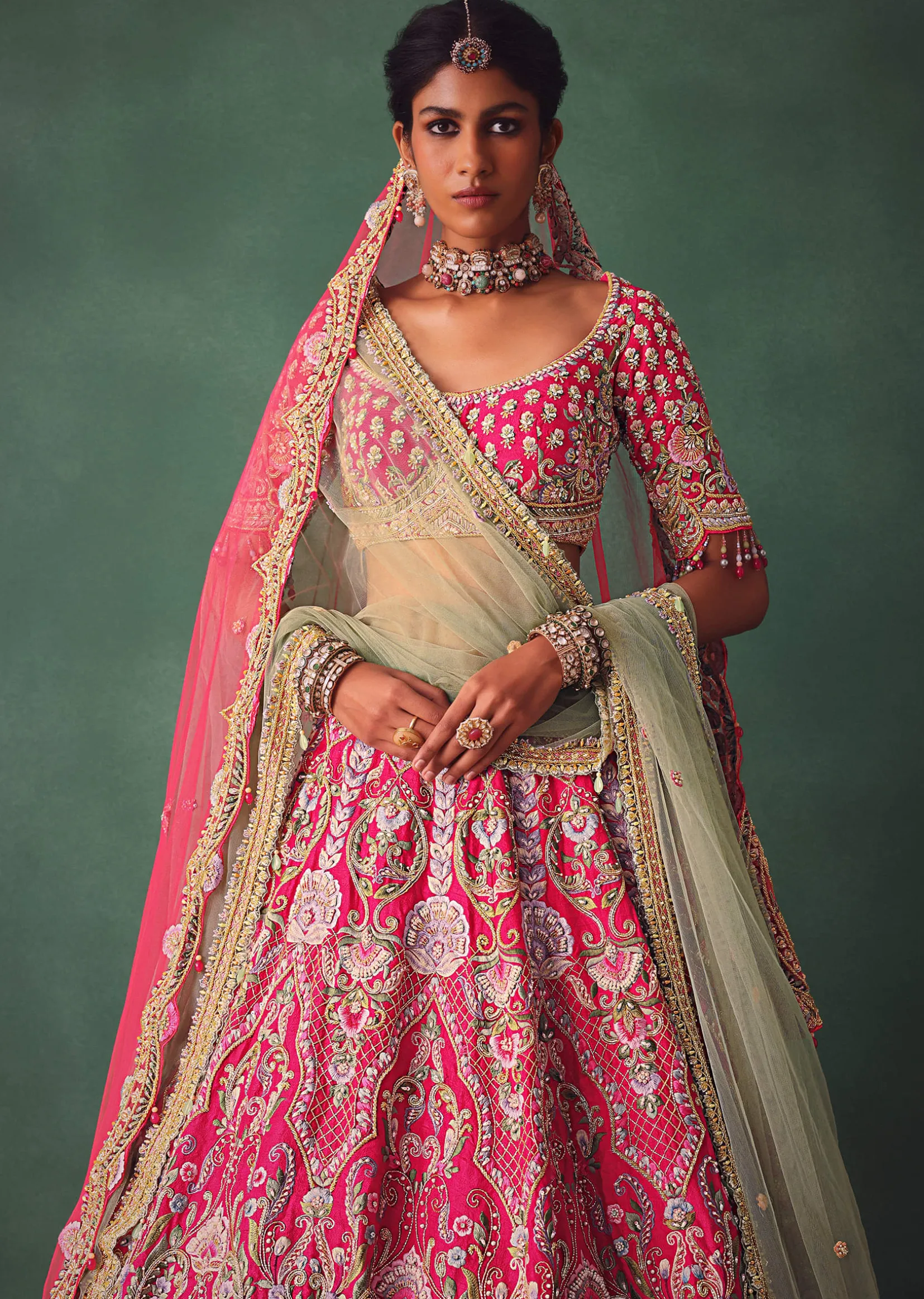 Rose Pink Bridal Lehenga With Scoop Neckline Blouse And Hand Work Dupatta