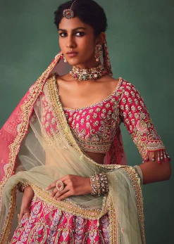 Rose Pink Bridal Lehenga With Scoop Neckline Blouse And Hand Work Dupatta