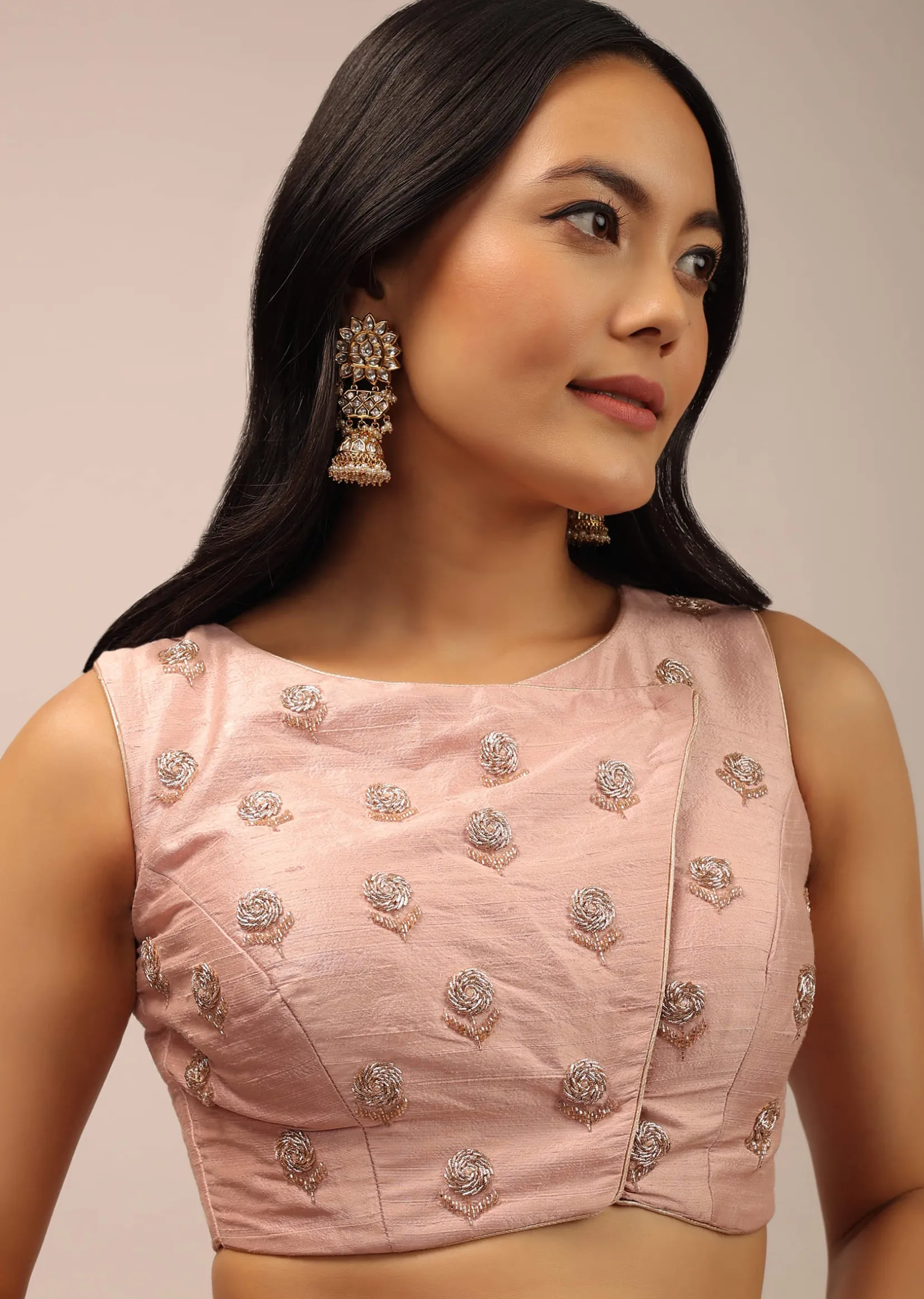 Rose Pink Padded Blouse With Overlapping Design Adorned In zardosi Work In Floral Pattern