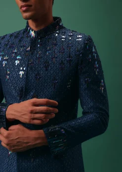 Royal Blue Bandhgala Jacket Set With Hand Embroidery