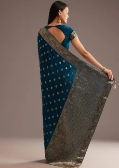 Royal Blue Jaquard Silk Saree With Zari Butti And Brocade Border