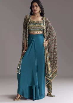 Royal Blue Printed Crop Top Skirt Set With Ajrakh Cape