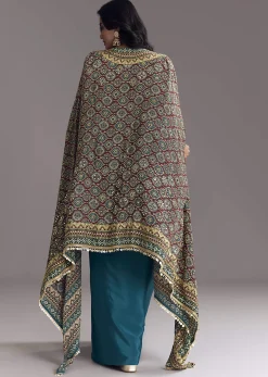 Royal Blue Printed Crop Top Skirt Set With Ajrakh Cape