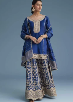 Royal Blue Silk Palazzo Set With Zari And Sequins Work