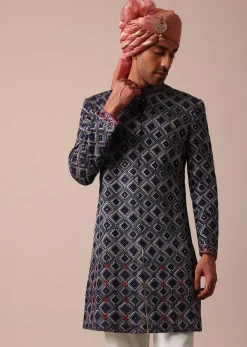 Royal Blue Silk Sherwani With Intricate Neckline Embroidery