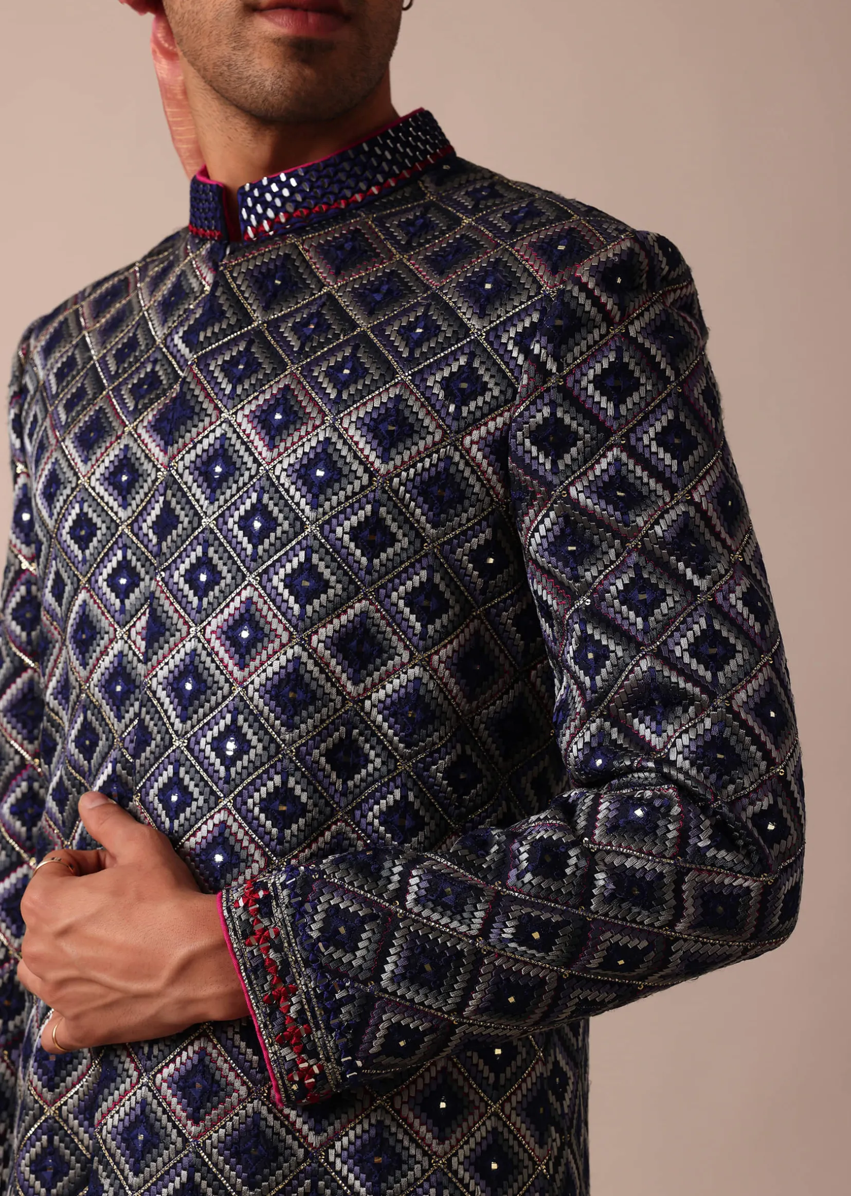 Royal Blue Silk Sherwani With Intricate Neckline Embroidery