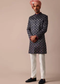 Royal Blue Silk Sherwani With Intricate Neckline Embroidery
