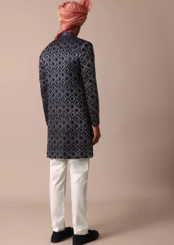 Royal Blue Silk Sherwani With Intricate Neckline Embroidery
