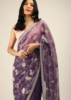 Royal Purple Saree In Organza With Moti, Resham And Cord Embroidered Floral Motifs On The Pallu