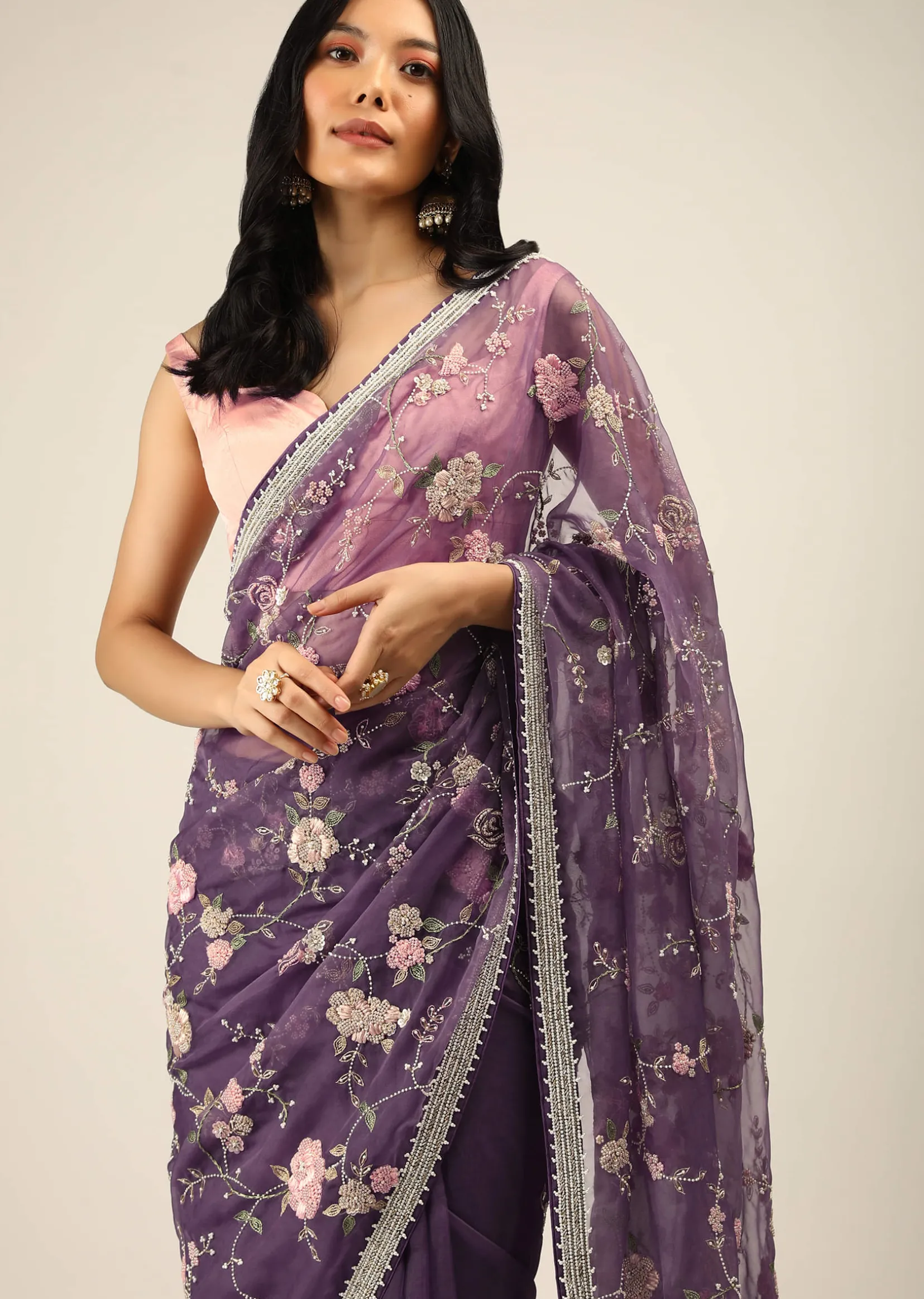 Royal Purple Saree In Organza With Moti, Resham And Cord Embroidered Floral Motifs On The Pallu